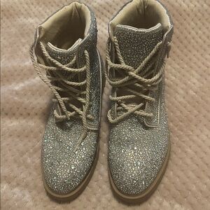 Betsey Johnson Sparkling Silver Combat Boots